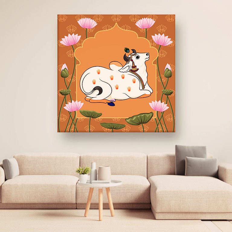 Casperme Kamdhenu Cow Vastu Prosperity Cotton Canvas Wall Painting For Living Room for Bedroom, Hotels & Office Decoration