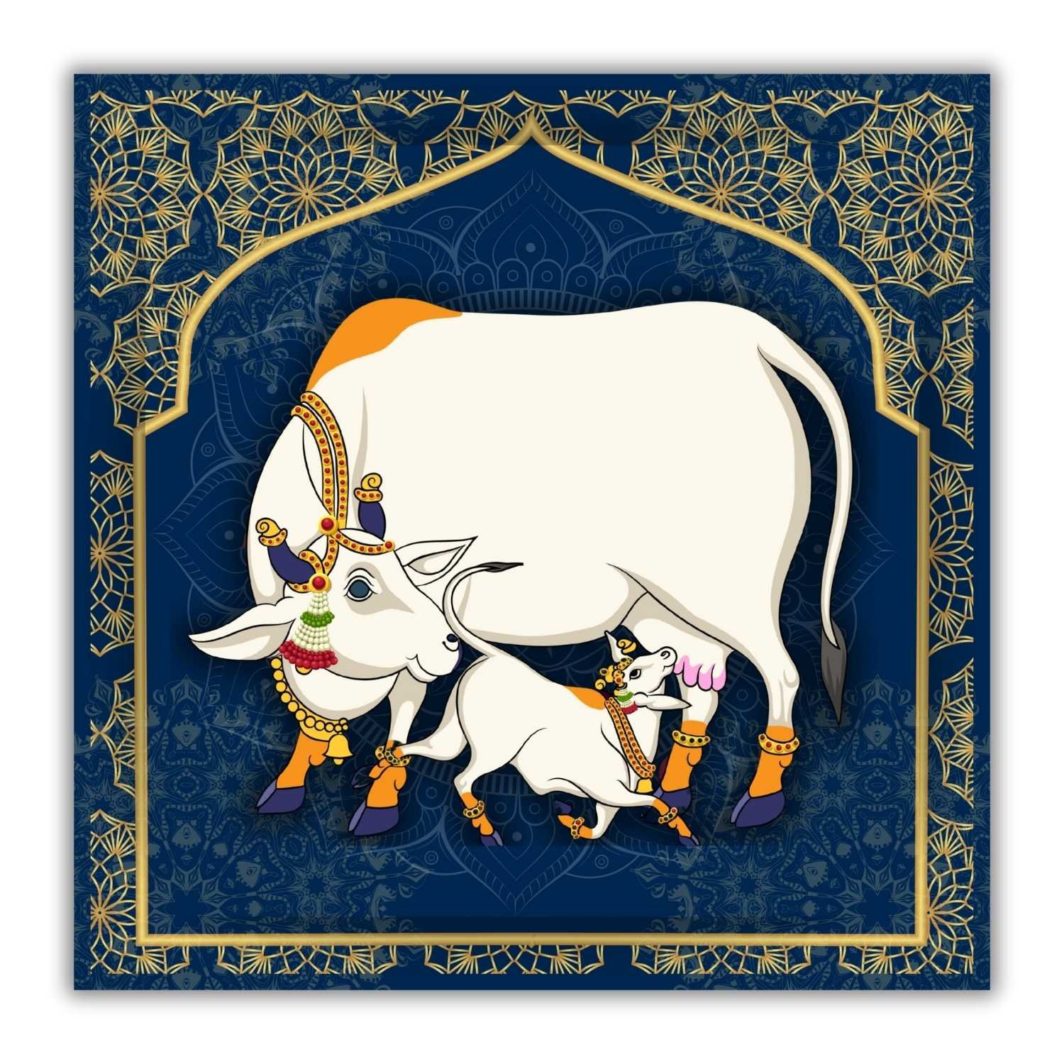 Casperme Kamdhenu Cow with Calf  Vastu Prosperity Cotton Canvas Wall Painting For Living Room for Bedroom, Hotels & Office Decoration