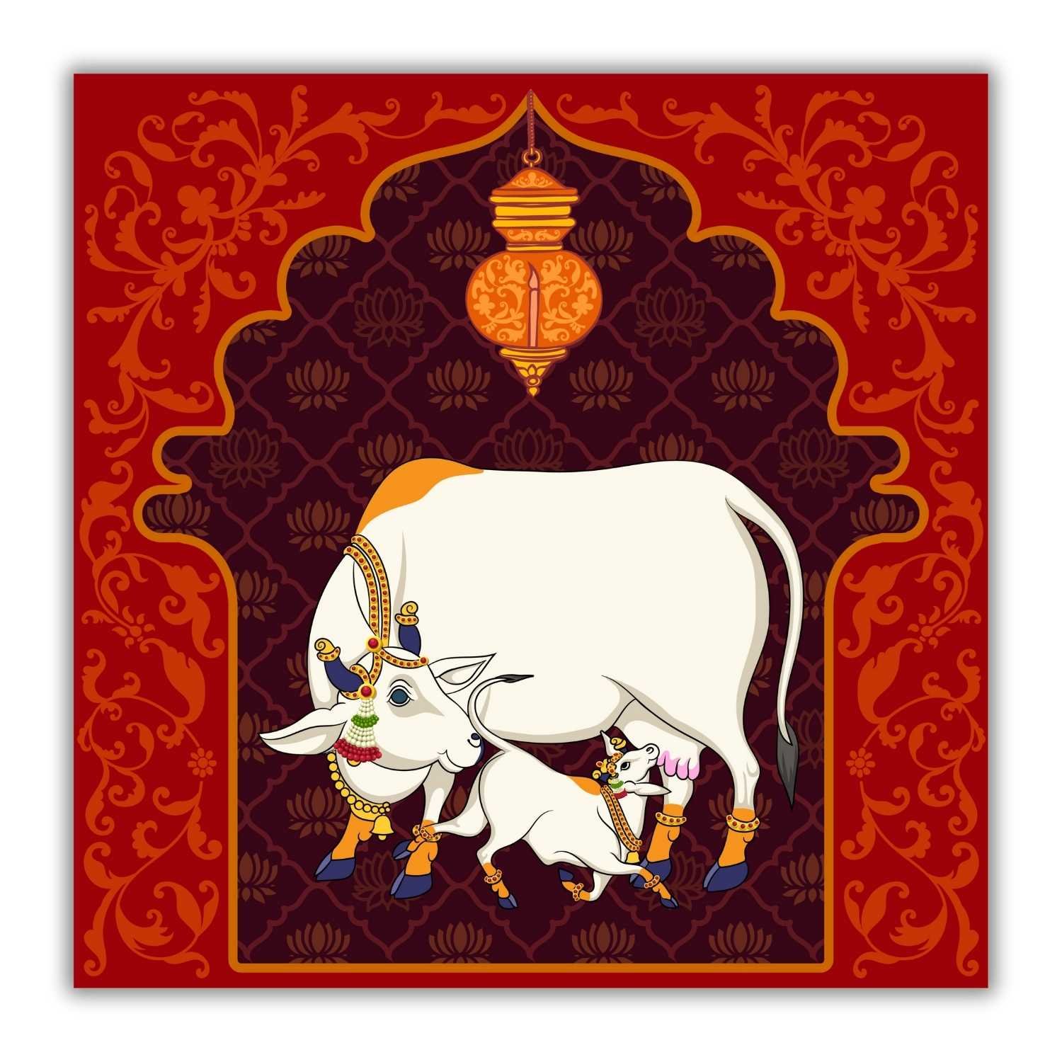 Casperme Kamdhenu Cow with Calf Vastu Prosperity Cotton Canvas Wall Painting For Living Room for Bedroom, Hotels & Office Decoration