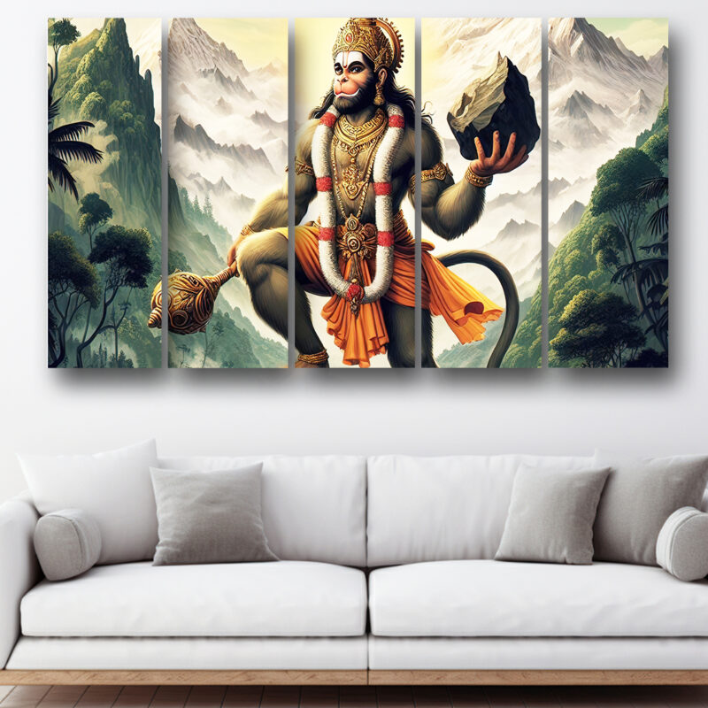 Casperme Hanuman ji Wall Painting Framed Big Size For Living Room, Home, office & Wall Decor, 48 x 30 inches set of 5