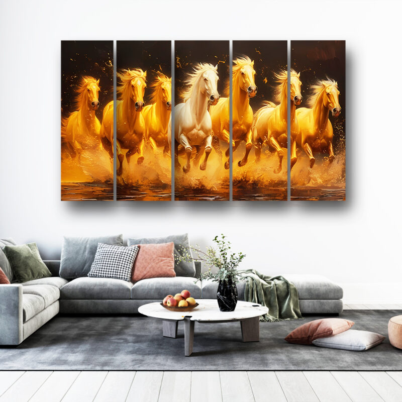 Casperme 7 Horses Wall Painting Framed Big Size For Living Room, Home, office & Wall Decor, 48 x 30 inches set of 5
