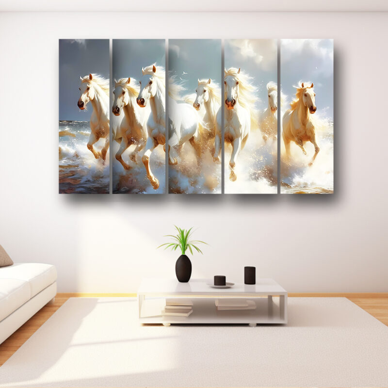 Casperme 7 Horses Wall Painting Framed Big Size For Living Room, Home, office & Wall Decor, 48 x 30 inches set of 5
