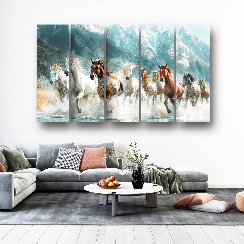Casperme 7 Horses Wall Painting Framed Big Size For Living Room, Home, office & Wall Decor, 48 x 30 inches set of 5