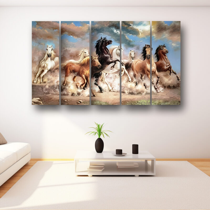 Casperme 7 Horses Wall Painting Framed Big Size For Living Room, Home, office & Wall Decor, 48 x 30 inches set of 5