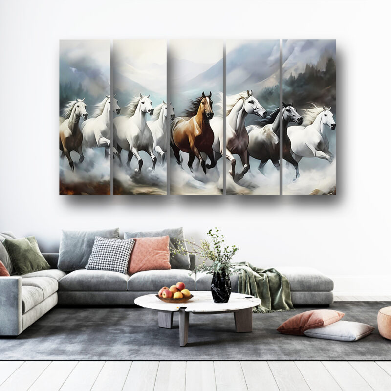 Casperme 7 Horses Wall Painting Framed Big Size For Living Room, Home, office & Wall Decor, 48 x 30 inches set of 5
