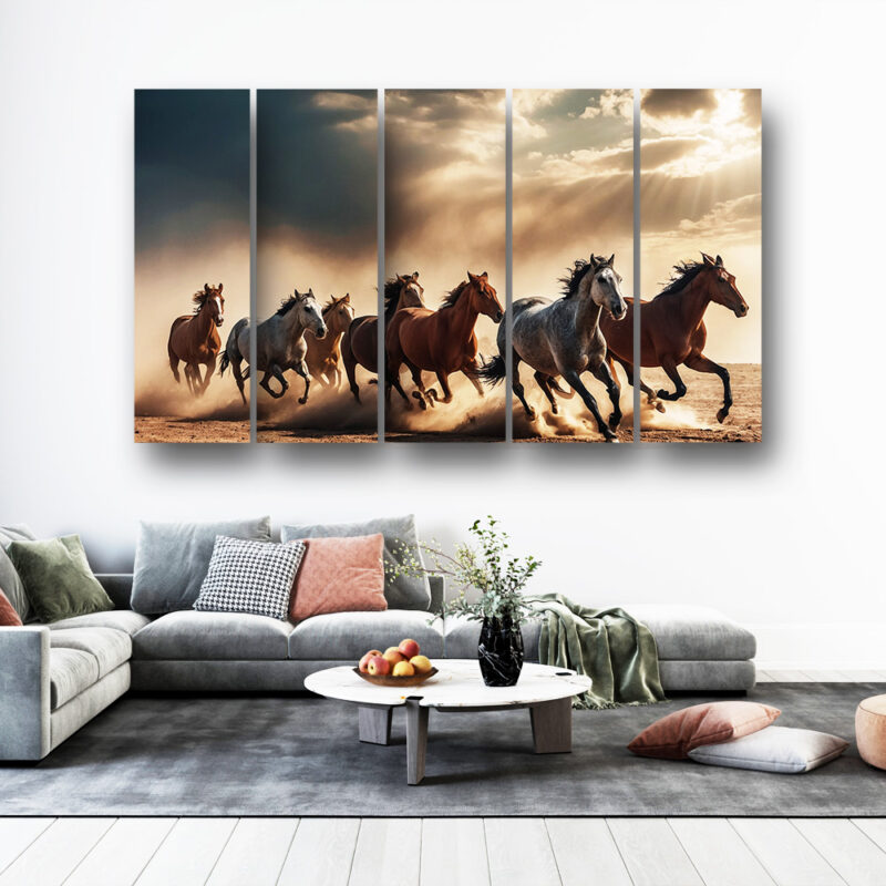 Casperme 7 Horses Wall Painting Framed Big Size For Living Room, Home, office & Wall Decor, 48 x 30 inches set of 5