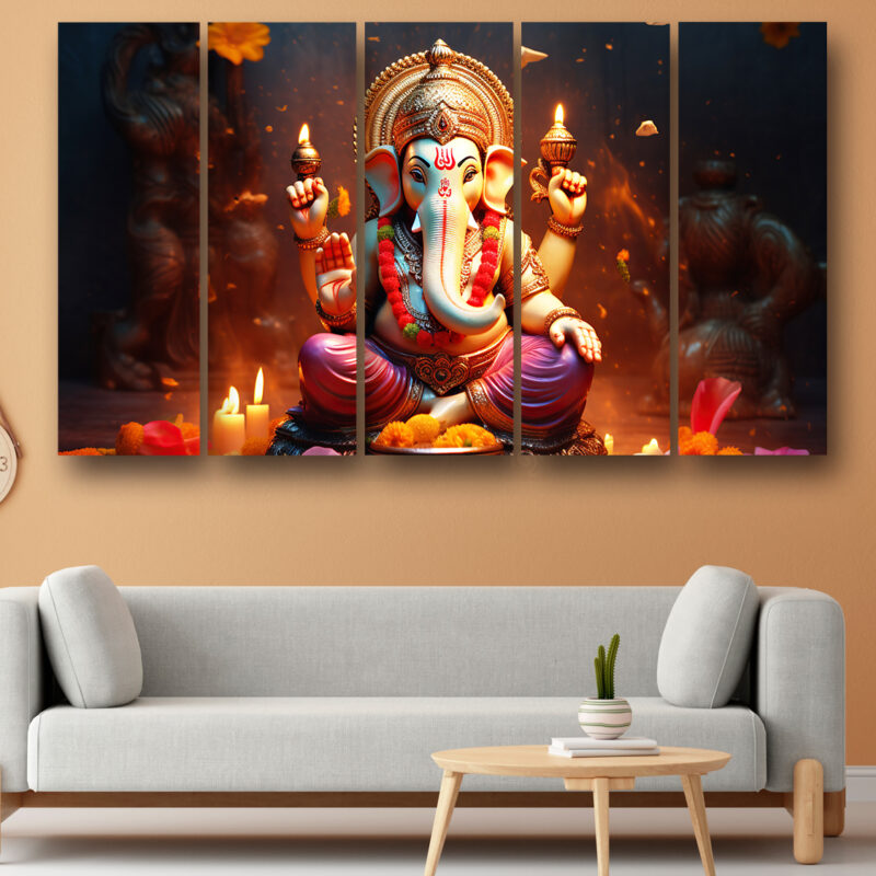 Casperme Ganesh ji  Wall Painting Framed Big Size For Living Room, Home, office & Wall Decor, 48 x 30 inches set of 5