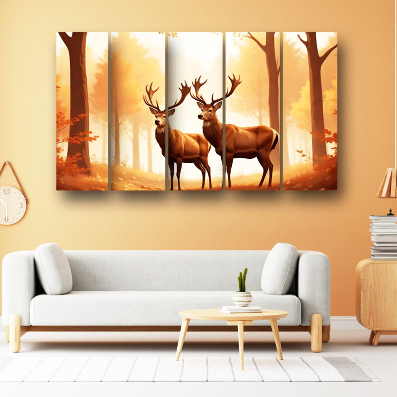 Casperme golden deer Wall Painting Framed Big Size For Living Room, Home, office & Wall Decor, 48 x 30 inches set of 5