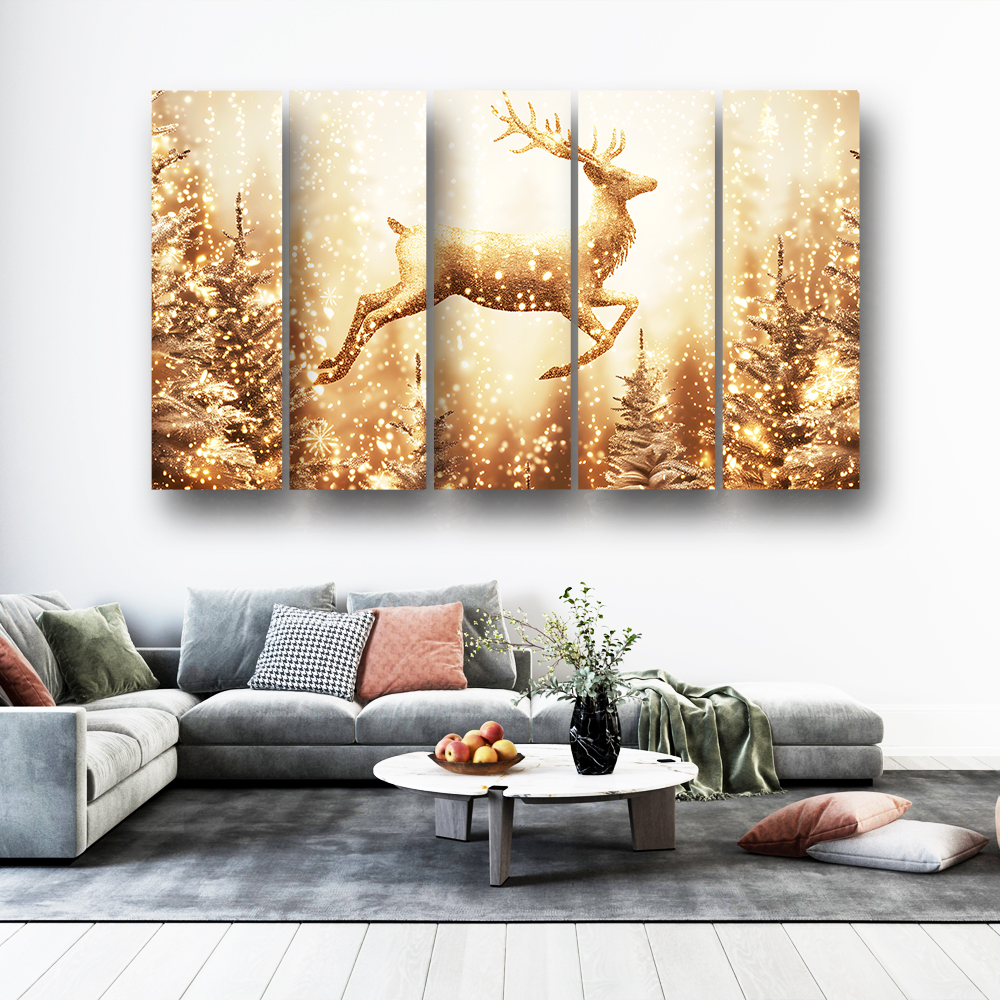Casperme Golden deer Wall Painting Framed Big Size For Living Room, Home, office & Wall Decor, 48 x 30 inches set of 5