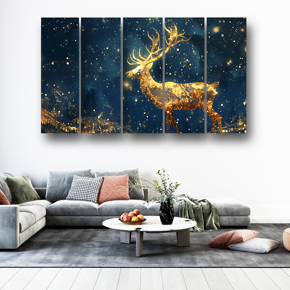 Casperme Golden deer Wall Painting Framed Big Size For Living Room, Home, office & Wall Decor, 48 x 30 inches set of 5
