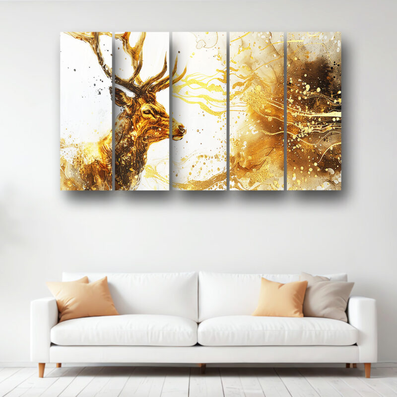 Casperme Golden deer Wall Painting Framed Big Size For Living Room, Home, office & Wall Decor, 48 x 30 inches set of 5