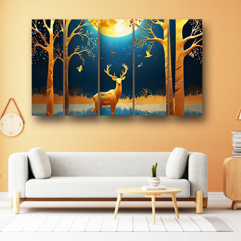 Casperme Golden deer Wall Painting Framed Big Size For Living Room, Home, office & Wall Decor, 48 x 30 inches set of 5
