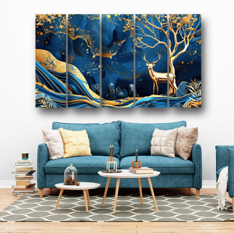 Casperme Golden deer Wall Painting Framed Big Size For Living Room, Home, office & Wall Decor, 48 x 30 inches set of 5