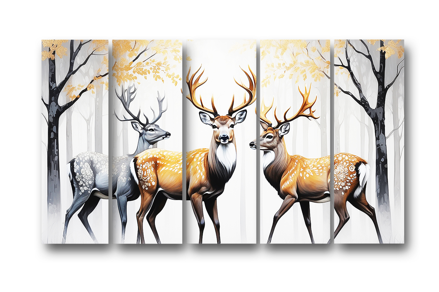 Casperme Golden deer Wall Painting Framed Big Size For Living Room, Home, office & Wall Decor, 48 x 30 inches set of 5 - Image 2