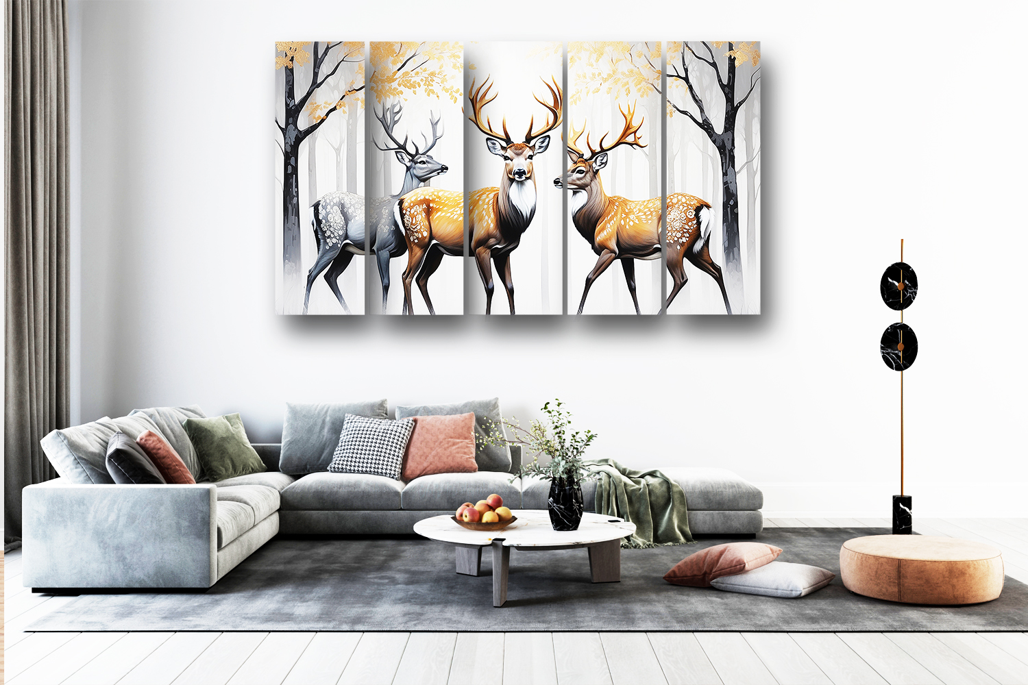 Casperme Golden deer Wall Painting Framed Big Size For Living Room, Home, office & Wall Decor, 48 x 30 inches set of 5 - Image 4