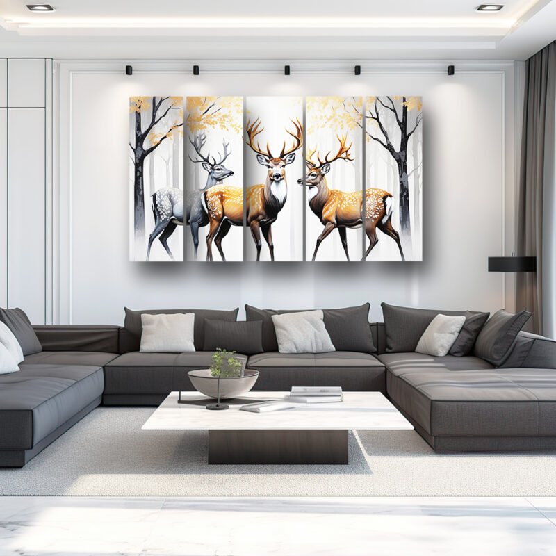 Casperme Golden deer Wall Painting Framed Big Size For Living Room, Home, office & Wall Decor, 48 x 30 inches set of 5