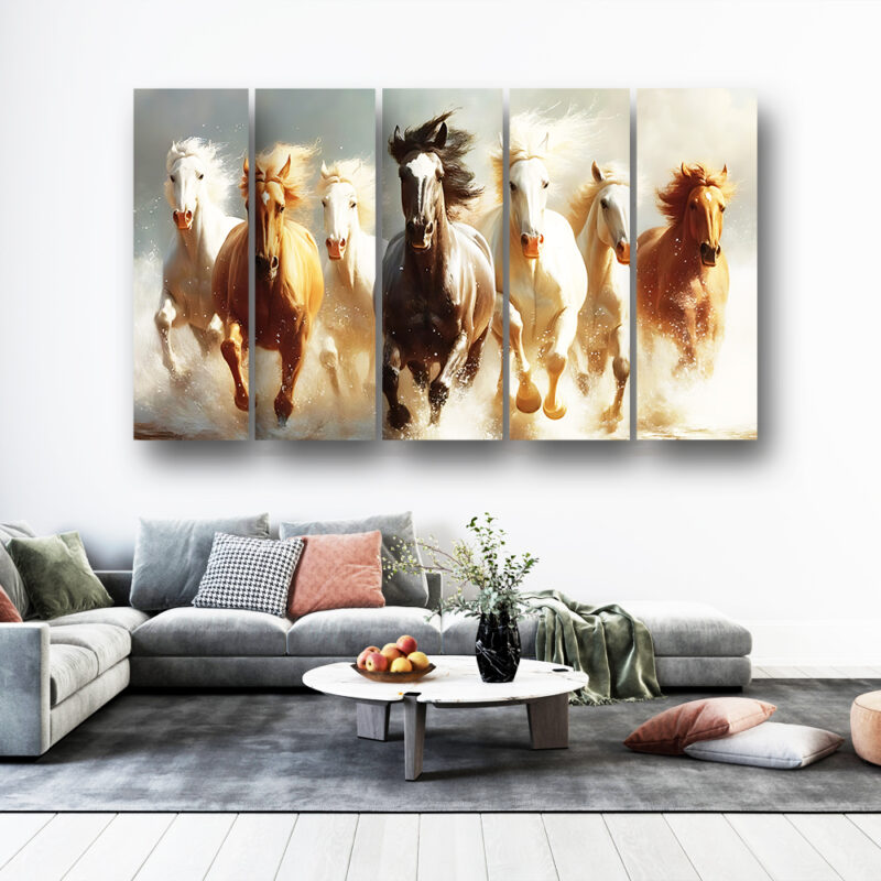 Casperme 7 Horses Wall Painting Framed Big Size For Living Room, Home, office & Wall Decor, 48 x 30 inches set of 5