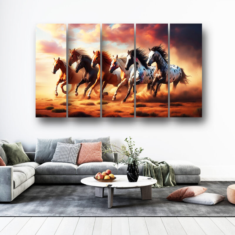 Casperme 7 Horses Wall Painting Framed Big Size For Living Room, Home, office & Wall Decor, 48 x 30 inches set of 5