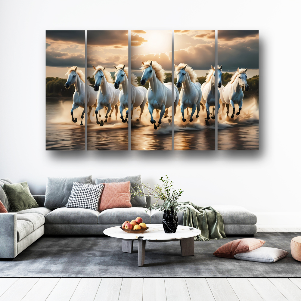 Casperme 7 Horses Wall Painting Framed Big Size For Living Room, Home, office & Wall Decor, 48 x 30 inches set of 5